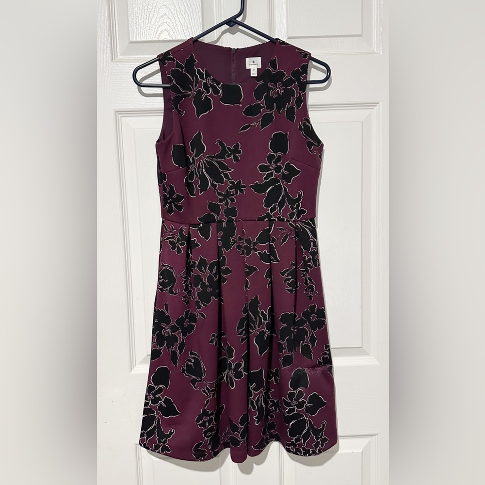 Dressbarn Women’s  Plum Floral Fit-and-Flare Dress with Black Accents